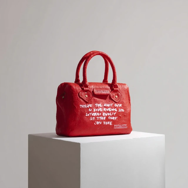 Red Handbag with White Writing on Plinth