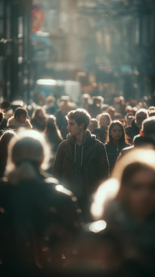 Young Adult Walking Through Urban Crowd Cinematic