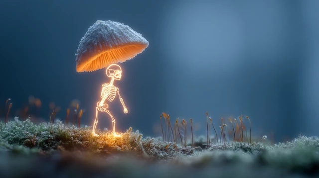 Glowing Skeleton in Fantasy Forest with Mushrooms