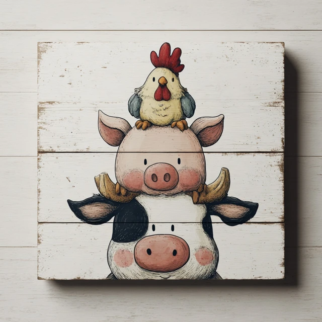 Cute Farm Animals Wall Art Pig Cow Rooster