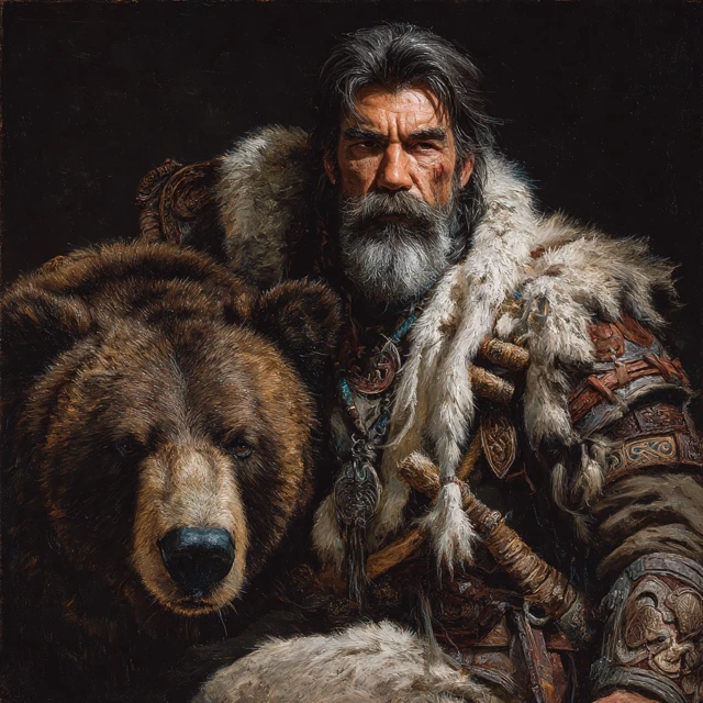 Barbarian Warrior and Bear Oil Painting
