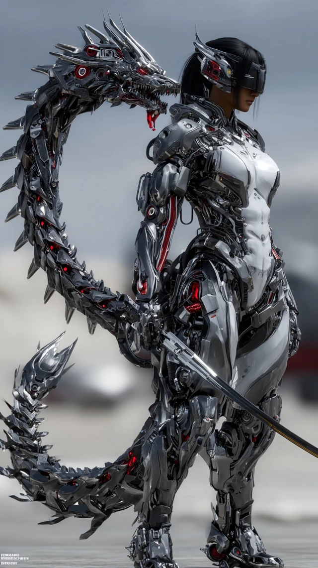 Cyberpunk Anime Cyborg Battle Ready With Dragon Sword