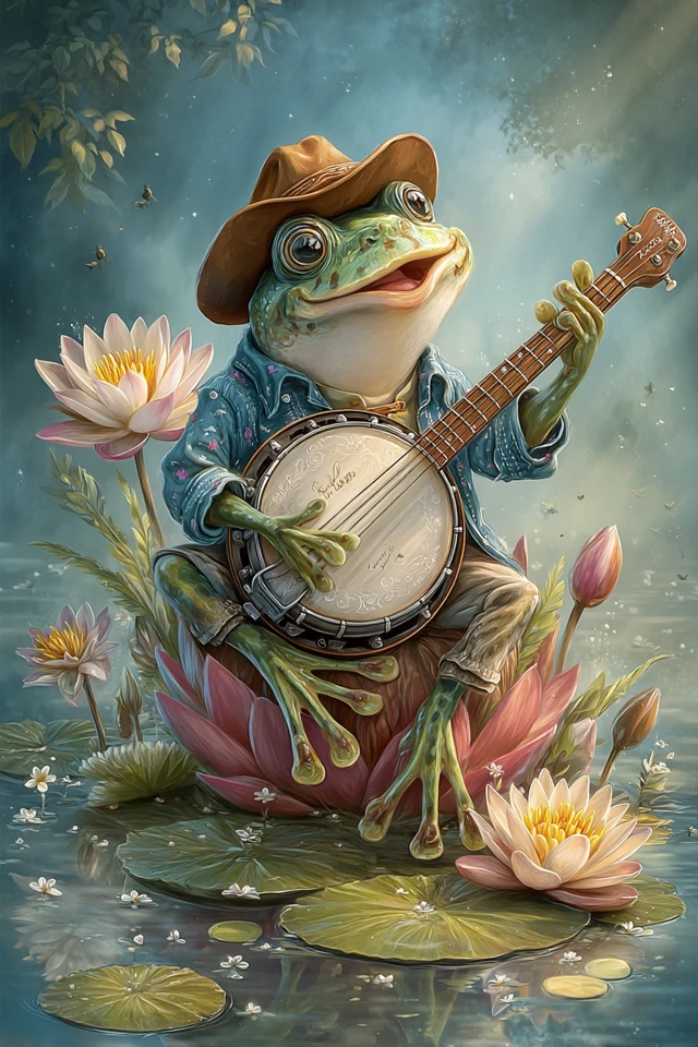 Banjo Playing Frog Illustration in Tiago Hoisel Style
