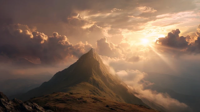 Mountain Peak Under Golden Sky Godlike Scene