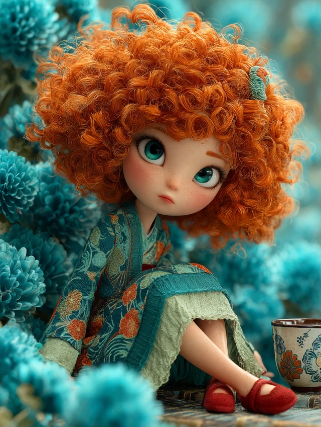 Cute Art Doll with Orange Hair and Teal Flowers