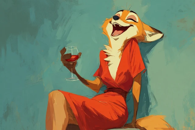Anthropomorphic Fox Lady with Wine Illustration