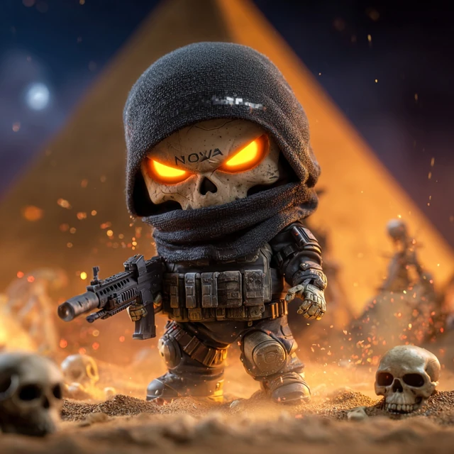 Chibi Armored Warrior with Demonic Eyes and Rifle