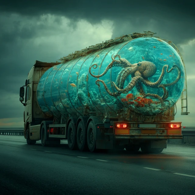 Truck Carrying Ocean Life Surreal Highway Scene