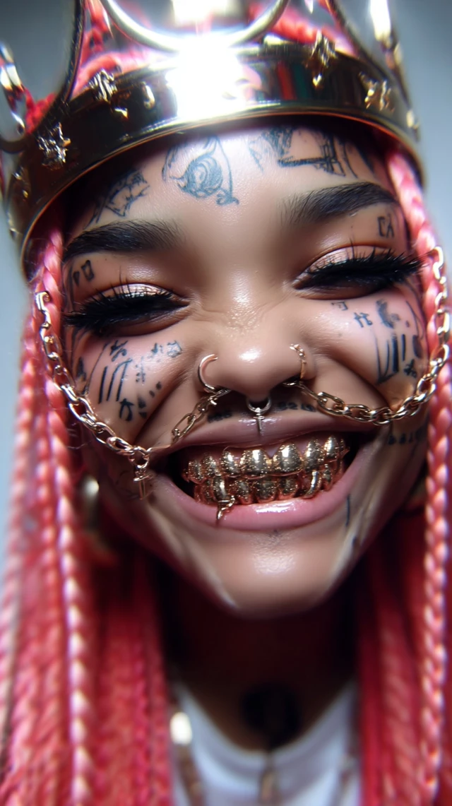 Pink Haired Girl with Gold Teeth Crown Face Tattoo
