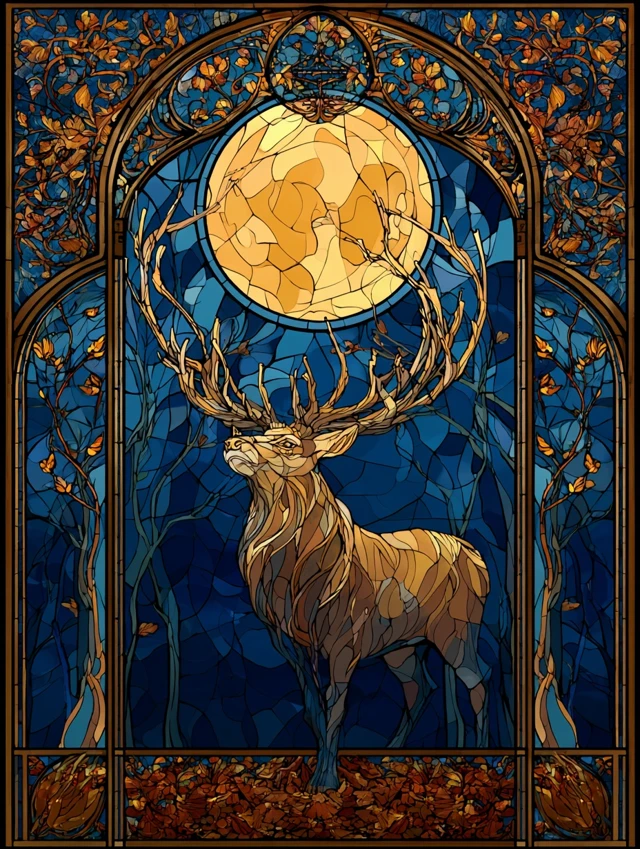 Anime Stained Glass Stag and Full Moon Art Nouveau