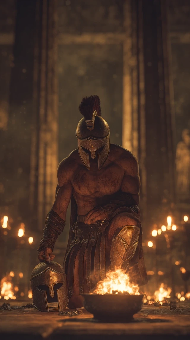 Spartan Warrior Praying at Altar of Ares