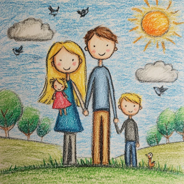 Family Portrait Drawn with Colored Pencils Nature Scene