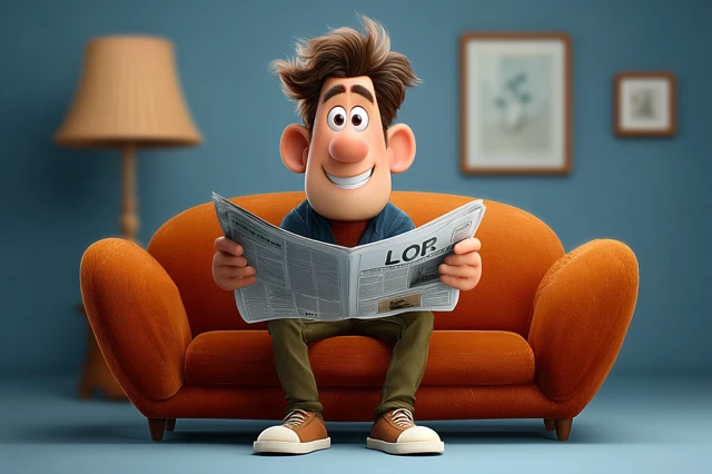 Pixar Illustration Happy Man Reading Newspaper