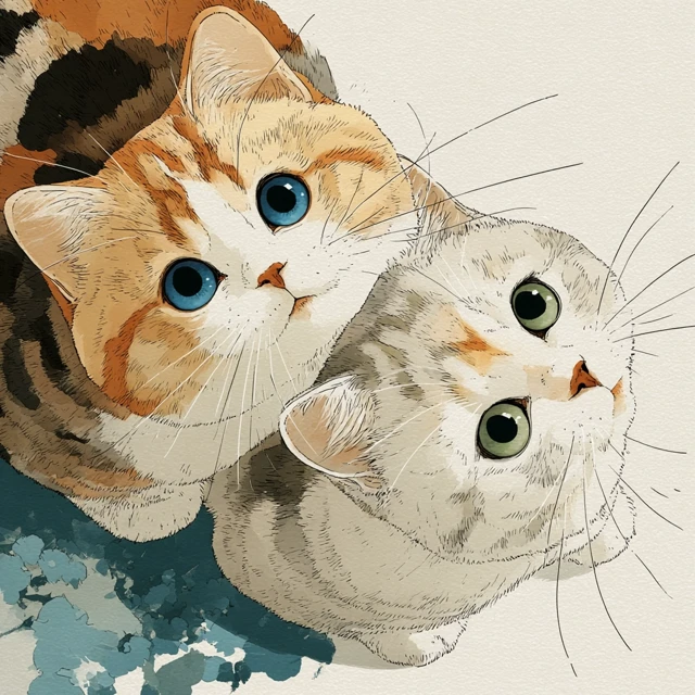 Cute Kittens Japanese Tattoo Style Illustration