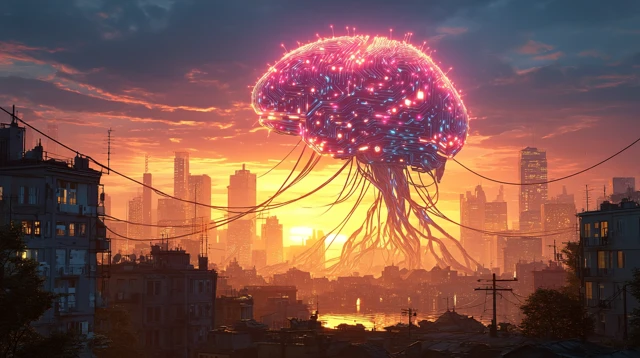 AI Brain Over City Futuristic Artwork