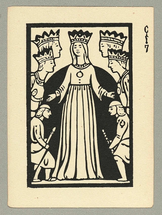 Tarot Card Queen with Three Heads Tiny Men Bowing
