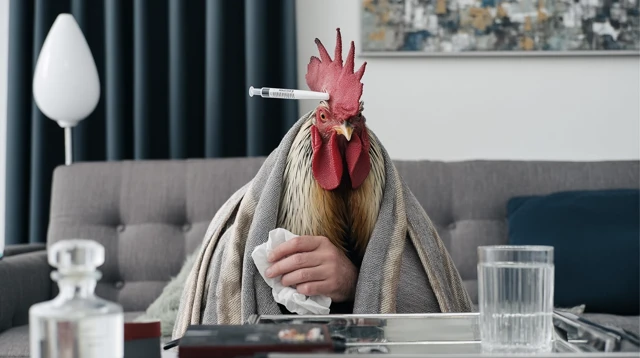 Sick Rooster Cozy at Home Photographic Style