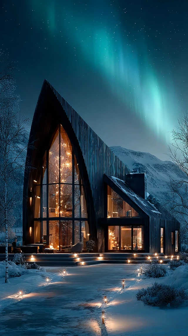 Scandinavian Home at Night with Aurora Borealis