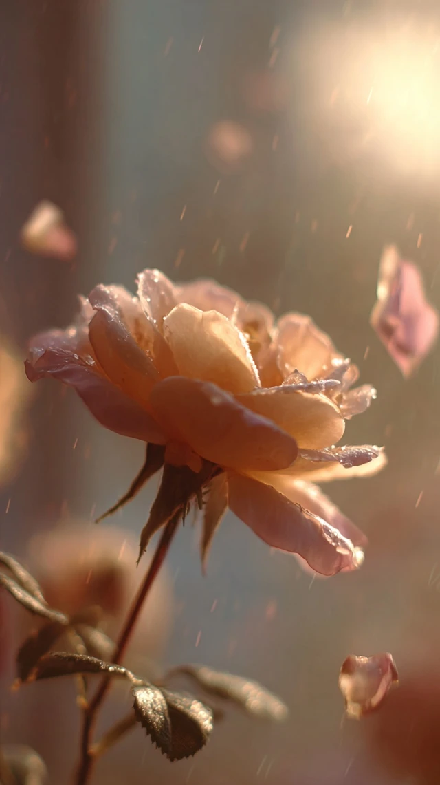 Dreamy Rose in Golden Light Petals Falling