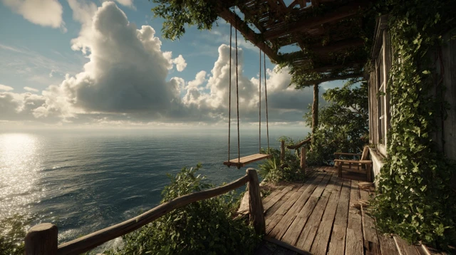 Seaside Treehouse Balcony Overlooking Ocean Tranquility