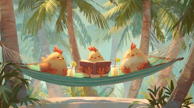 Lazy Chickens Chilling in Hammocks Palm Trees