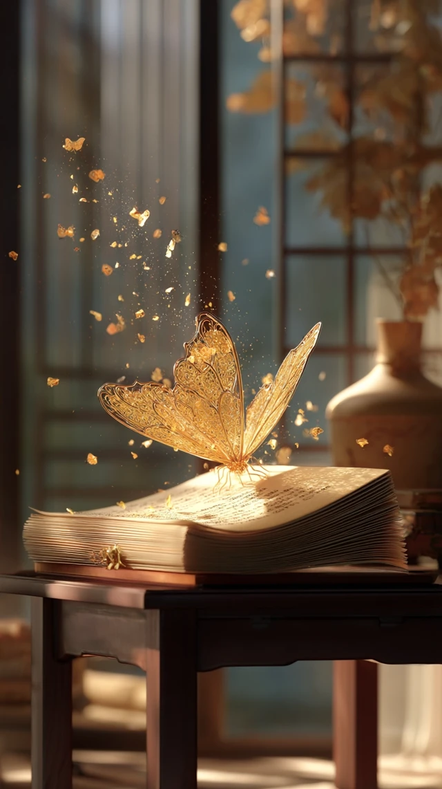 Golden Butterfly and Ancient Poetry Book