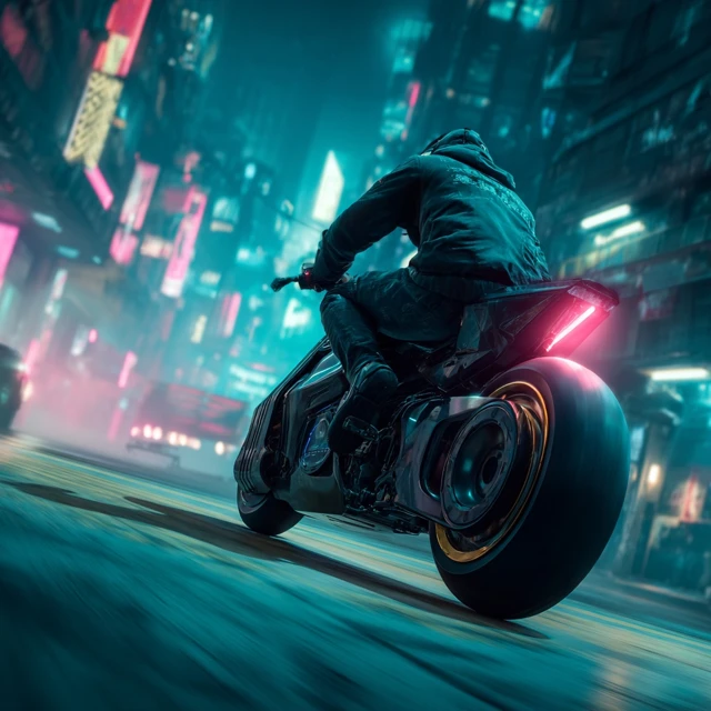 Cyberpunk Rider Futuristic Motorcycle Neon City