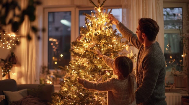 Family Decorating Christmas Tree Cozy Home