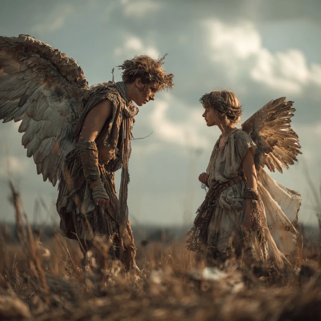 Angels in Field Young and Old with Wings