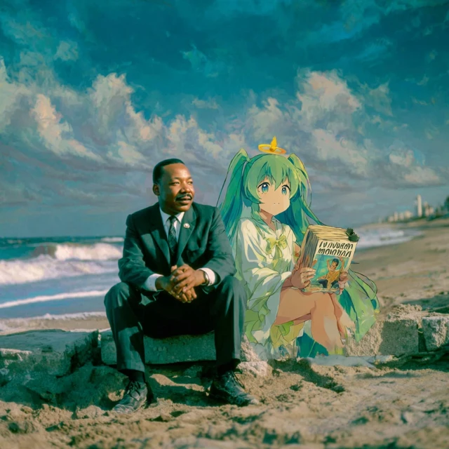 MLK on Beach with Anime Girl Thought Bubble