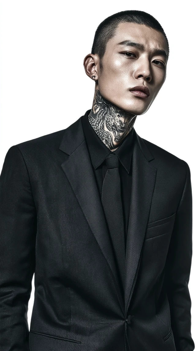Handsome Chinese Man in Black Suit Dragon Tattoo