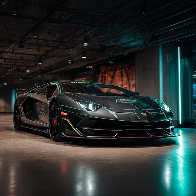 Lamborghini in Garage Black and Green Livery