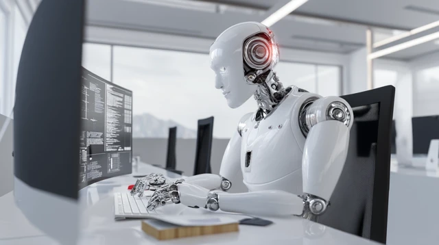 AI Agent Robot Working at Data Workstation