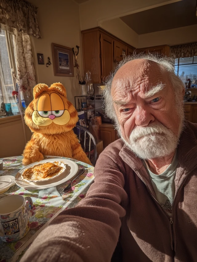 Grumpy Grandpa and Garfield Breakfast Selfie
