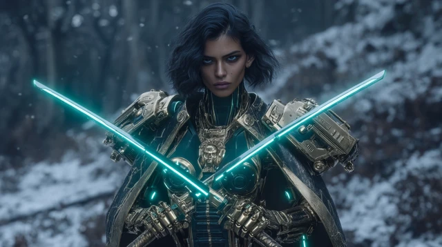Sci-fi Indian Warrior with Glowing Swords