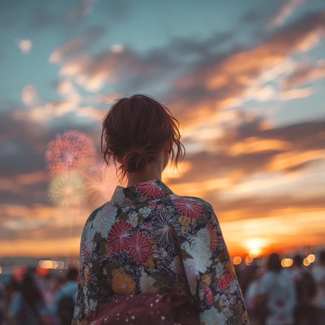 Japanese Woman at Summer Festival Fireworks
