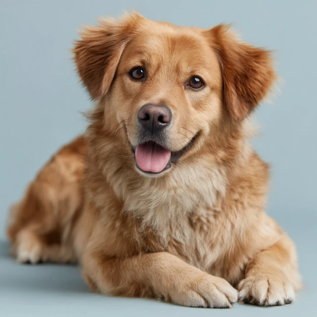 Happy Golden Retriever on Light Blue Background