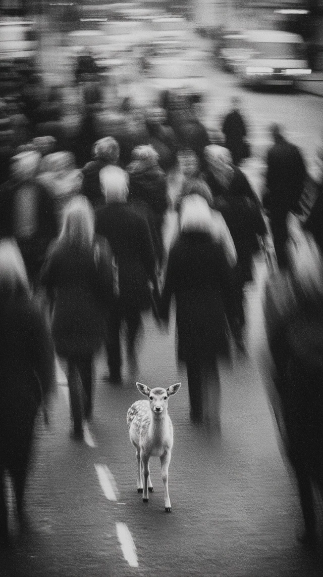 Fawn in City Intersection Black and White Photography