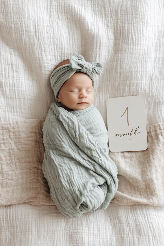 Newborn Baby in Pastel Swaddle 1 Month Milestone