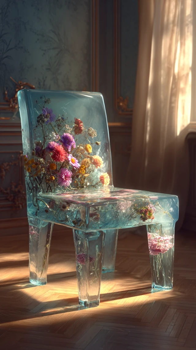 Resin Chair with Flowers: Photo-Realistic and Detailed