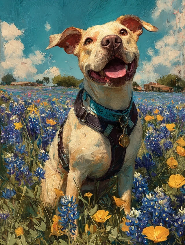 Happy Dog in Bluebonnet Field Illustration