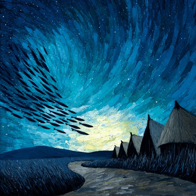 Escher Inspired Painting Fish Starry Sky Road