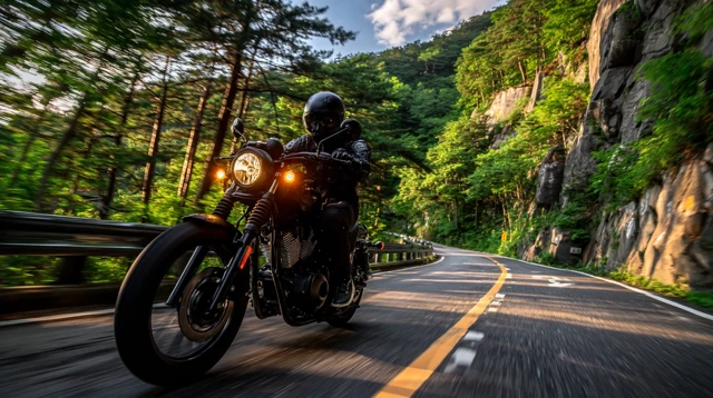 Motorcycle Rider on Mountain Road Korea