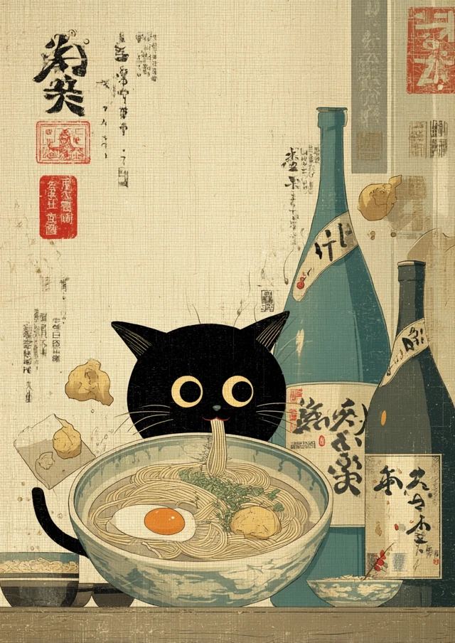 Ukiyo-e Cat Ramen Illustration