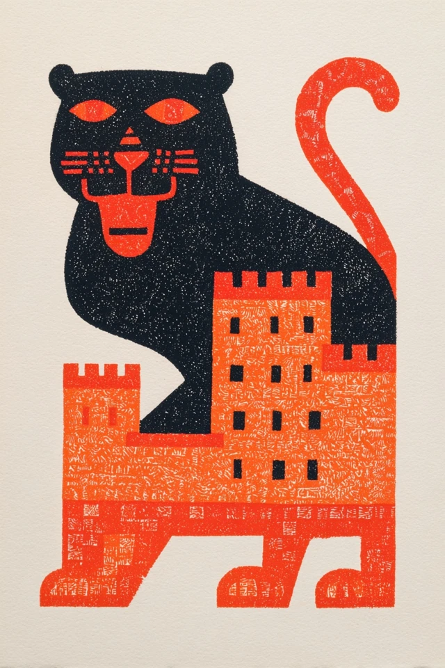 Panther With Castle Linocut Print by Don Blanding