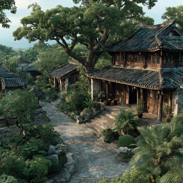 Hui-style buildings and lush greenery