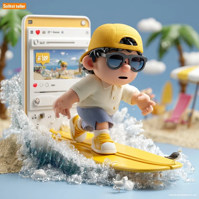 Cartoon Surfer on a Beach in 3D Style