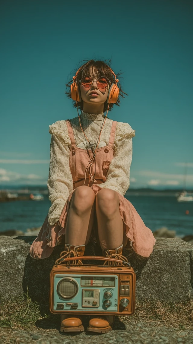 Anime Girl by the Ocean with Vintage Radio