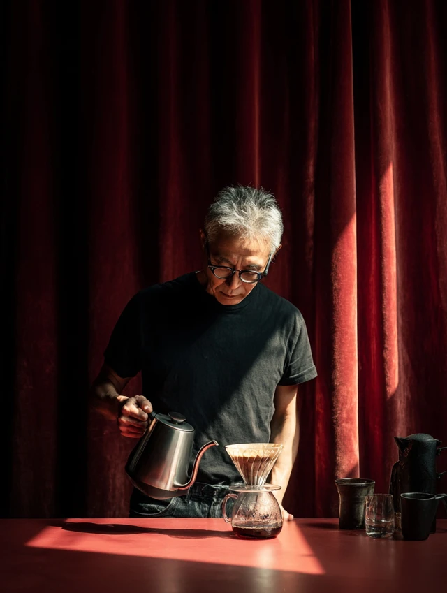 Man Brewing Coffee Pour Over Dramatic Lighting