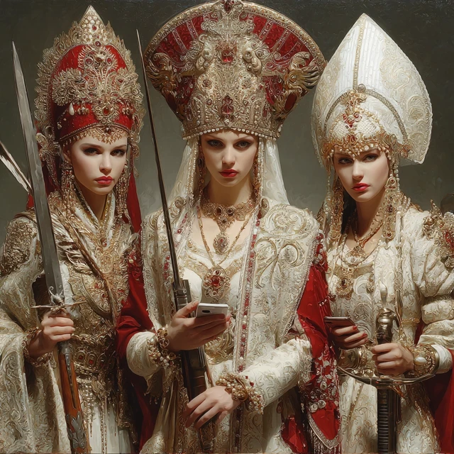 Warrior Women in Russian Dress Posting on Social Media